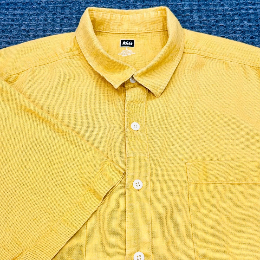 Vintage REI Linen Blend Camp Shirt Mens L Yellow Short Sleeve Gorpcore Resort